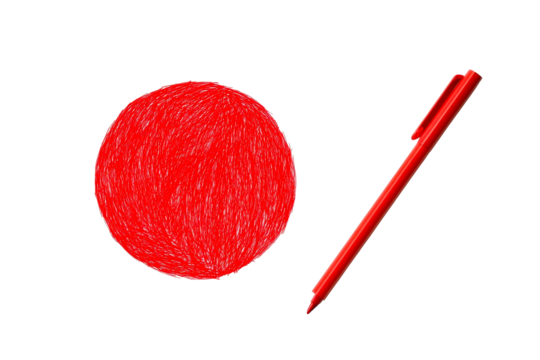 Red circle drawing and pen on black, cut out transparent
