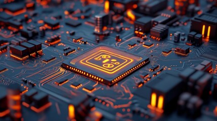 A 3D render of the Time Technology Concept features orange neon data flowing between users and the CPU, with a clock symbol on a microchip, all set on a futuristic motherboard