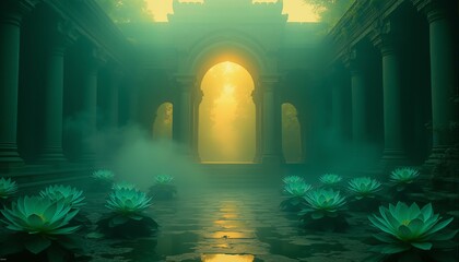 Ancient temple ruins, emerald mist, iridescent peacock feathers, lotus flowers, turquoise, forest green, golden light, filigree arches, mystical atmosphere, lush vegetation, tropical setting
