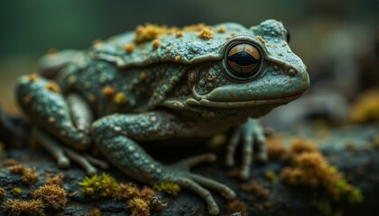 Obraz premium Close-up portrait of a worn, moss-covered tree frog with subtle warts and gentle color transitions.