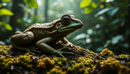 Obraz premium Weathered, moss-covered ancient tree frog skin with intricate raised mottling patterns in olive green to terracotta brown hues.
