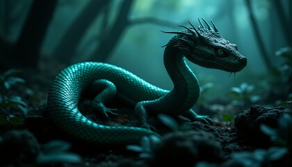 Fototapeta premium A majestic serpent's skin glows under moonlight, its emerald scales transforming into glossy black obsidian amidst intricate, rippling scaly patterns.