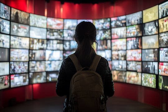 Woman viewing video wall display