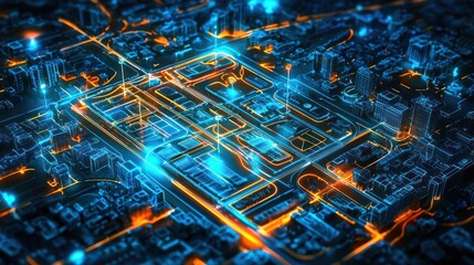 Neon grids and lines creating a futuristic city plan