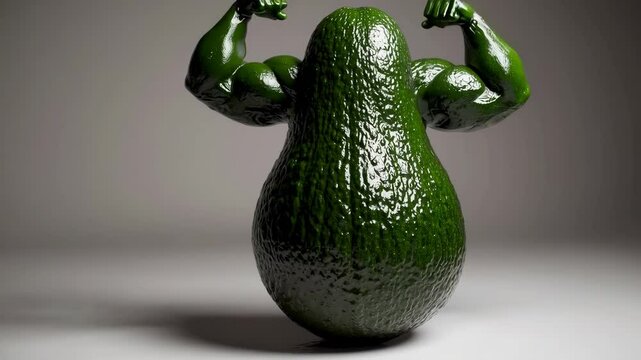 Animaci&oacute;n 3D de un aguacate musculoso  representaci&oacute;n de fuerza y nutrici&oacute;n, ideal para marketing de superalimentos y vida saludable