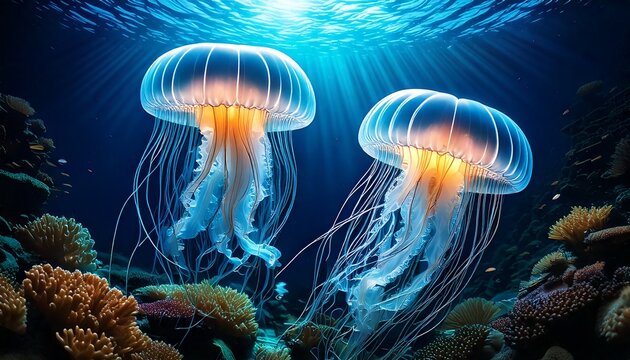 two transparent jelly fish in deep ocean with coral reefs