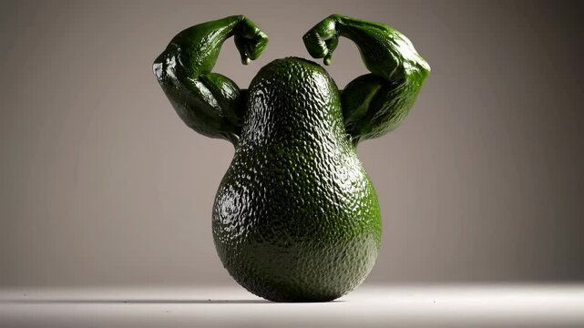 Aguacate musculoso flexionando en animaci&oacute;n 3D, concepto de superalimento fuerte y saludable, ideal para marketing creativo, fitness y nutrici&oacute;n deportiva.