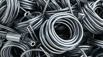 Close Up Of Rolled Silver Metal Cables Forming An Abstract Pattern With Reflective Surface And Textured Details