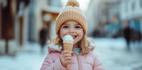 A little girl eating ice cream on a city street on a winter day