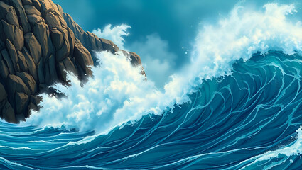 Turbulent ocean waves crash against towering rocky cliffs, creating a powerful and dynamic seascape of raw natural force.