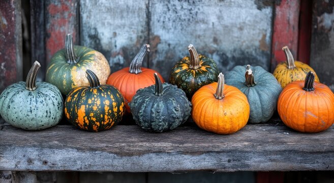 Colorful pumpkins on rustic wooden shelf. - Powered by Adobe