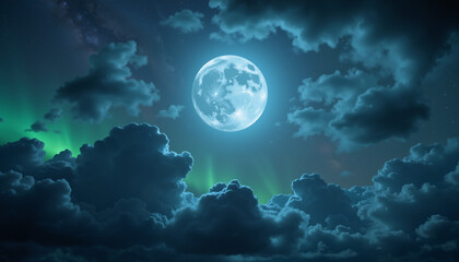 Serene night sky featuring a luminous full moon surrounded by dramatic clouds and enchanting auroras for a calming atmosphere