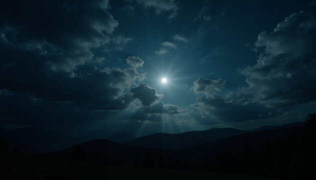 Enchanting night sky illuminated by a radiant full moon casting ethereal light over distant mountains and clouds