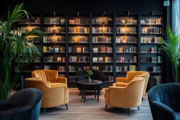 A modern library lounge with comfortable armchairs arranged around a small table, set against a backdrop of floor-to-ceiling bookshelves.