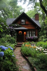 A countryside cottage embraced by vibrant hydrangeas and lush greenery, bathed in warm sunlight, exuding serenity and nostalgia&mdash;ideal for book covers, nature-themed projects, or storytelling visuals