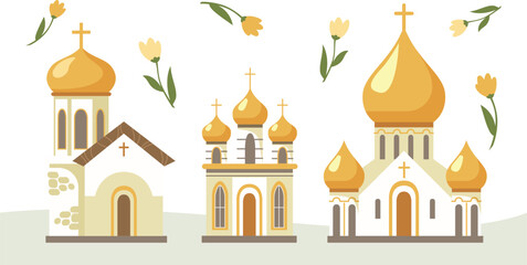 Set of orthodox cathedrals, churches with domes and crosses isolated. Vector church facade with flowers, basilica monument. Temple of Christ, place of worship