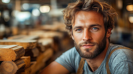 Fototapeta premium A confident woodworker with blue eyes and a beard, wearing an apron in a workshop