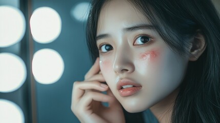 Close-up portrait of a young woman with long black hair and red blush on her cheek, looking at the camera.