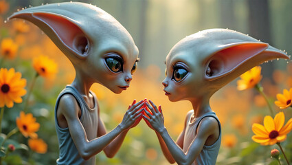 Fototapeta premium Two fictional beings with large ears and expressive eyes connect with one another in a colorful meadow filled with flowers.