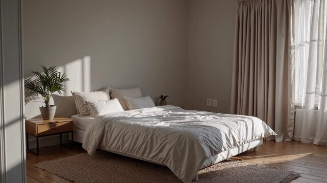 Soft morning light streaming through window, highlighting rumpled bedding, wooden nightstand, green houseplant in minimalist bedroom interior