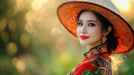 Beautiful Asian Woman with Traditional Hat