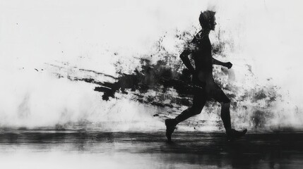 Fototapeta premium Silhouette of male runner in motion with artistic splatter effect