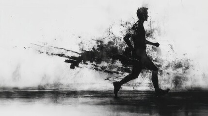 Fototapeta premium Silhouette of a male runner in motion with artistic ink splatter effect