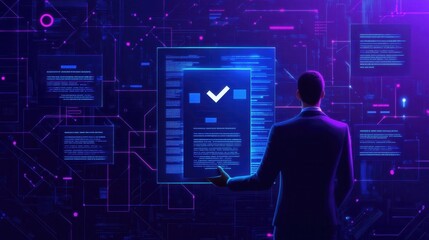 Male adult analyzing digital data interface in futuristic virtual environment