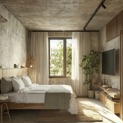 Comfortable hotel room, bed, window, curtain, and television and green tree in pots bring peace of mind to resident. Display screen equipment on wall