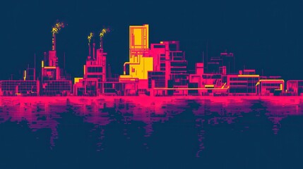 Fototapeta premium A stylized digital cityscape reflecting in a dark water surface