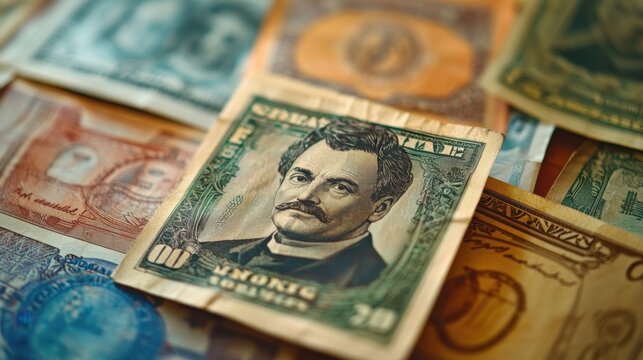 Close-up of vintage international banknotes collection with historical figures