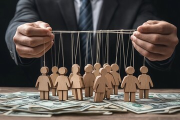 Businessman controlling wooden marionettes with strings on a table full of money.
