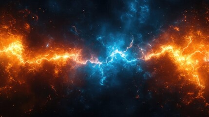 Naklejka premium Cosmic clash: blue and orange lightning in a fiery space nebula