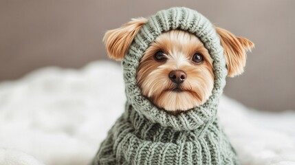 National Pet Day, Adorable Yorkshire Terrier Puppy in Cozy Knit Sweater and Hood Winter Fashion