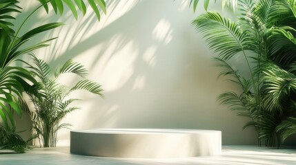 Minimalist indoor garden with sunlit pedestal surrounded by lush green foliage