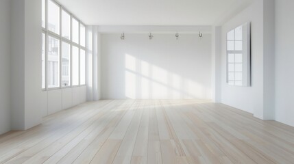Open concept Scandinavian loft light wood floor neutral tones large windows natural lighting isolated white background