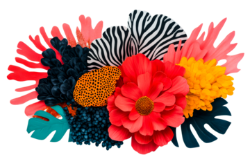 Vivid floral arrangement on black background with exotic leaf pattern, cut out transparent