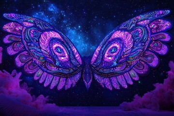 Neon patterned wings on a backdrop night sky