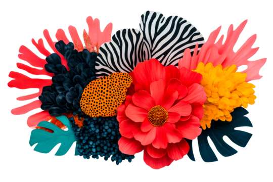 Vivid floral arrangement on black background with exotic leaf pattern, cut out transparent