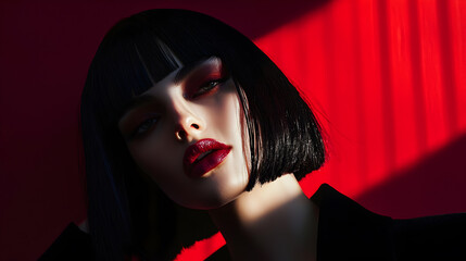Late-night fashion editorial featuring a model with a bold red aesthetic. striking portrait of a woman with a sharp black bob, bold red lips, intense makeup.  deep red background. moody, high-fashion