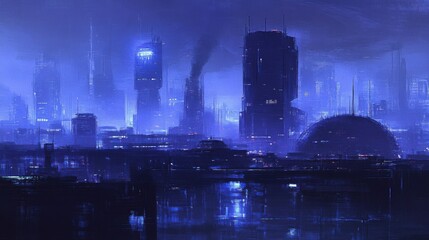 Futuristic City Skyline Reflecting in a Watery Surface at Dusk