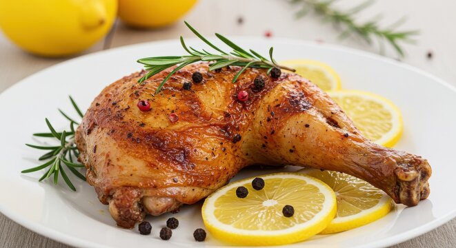 Roasted chicken leg quarter with lemon slices and rosemary sprig on a white plate close up view