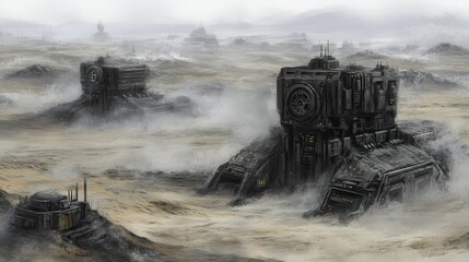 Futuristic structures emerge from a foggy and desolate landscape setting