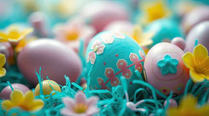 Fototapeta premium Easter background with colorful ornate Easter eggs. Festive spring background.