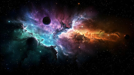 Vibrant Nebula And Planets In A Colorful Cosmic Space With Sparkling Stars And Dark Background
