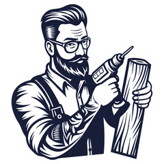 Carpenter hipster with drill, screwdriver in hands for craft workshop. Silhouette craftsman with tools for construction, carpentry and woodworking. Handmade, craftsmanship with woodcraft, repair work