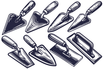 Tool set of trowel and spatula. Collection of construction or repair tools for design of construction industry