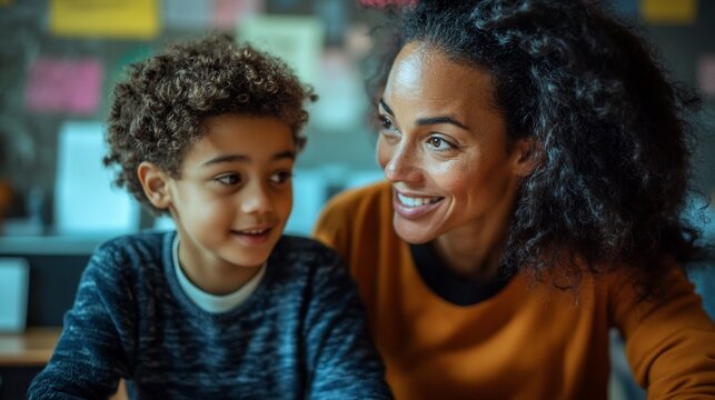 Teacher helping student classroom setting patient expression warm lighting educational environment