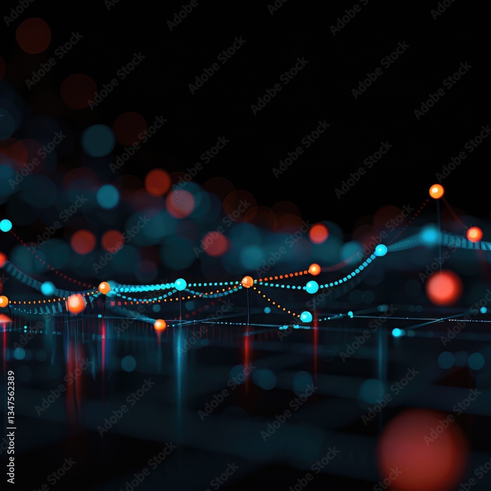 Poster abstract data visualization graph chart network with glowing nodes lines in dark background