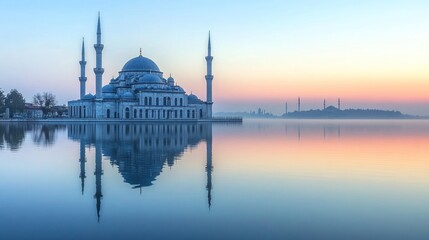 Obraz premium A full view of the mosque on the lake shore, its reflection sparkling in the still water as the morning sun rises